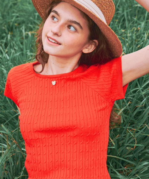 セール】SQUARE NECK CABLE SHORT SLEEVE KNIT RED（ニット/セーター