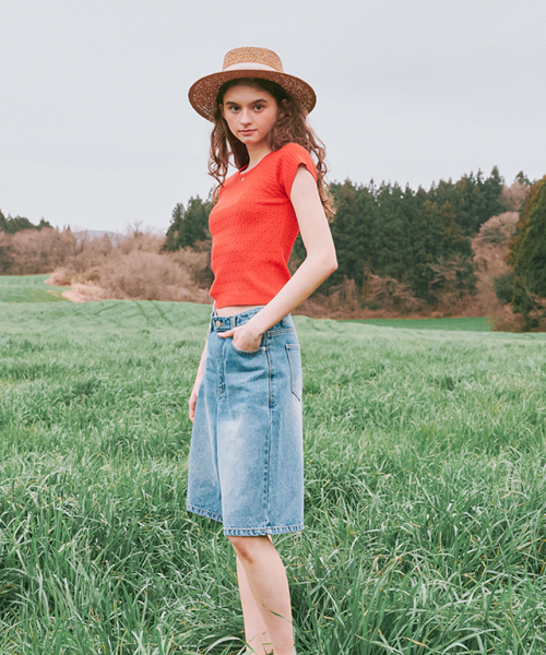 セール】SQUARE NECK CABLE SHORT SLEEVE KNIT RED（ニット/セーター