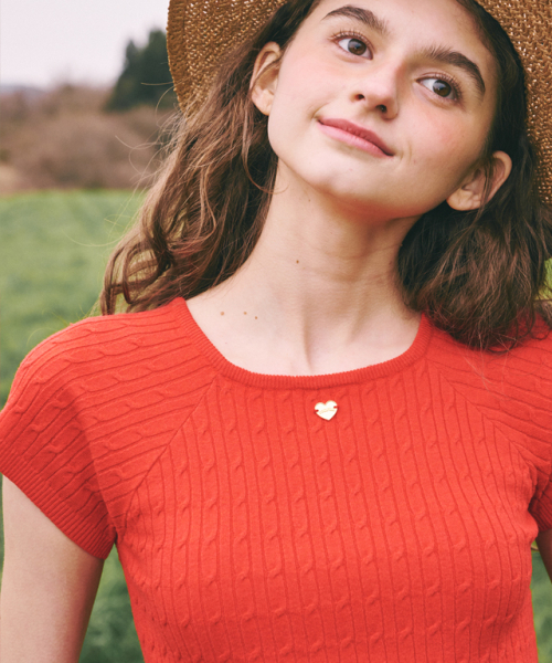 セール】SQUARE NECK CABLE SHORT SLEEVE KNIT RED（ニット/セーター