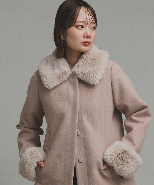 セール】ファーカラー 2WAY ミドルコート（ノーカラーコート）｜ad