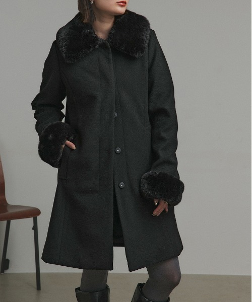 セール】ファーカラー 2WAY ミドルコート（ノーカラーコート）｜ad