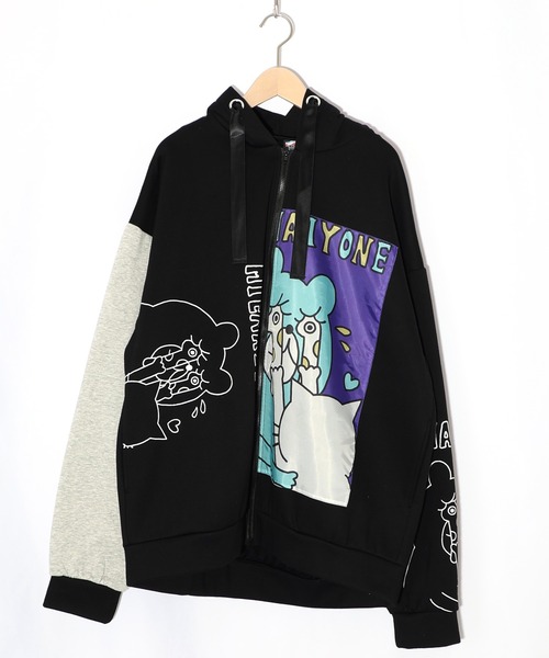 ScoLar Parity(スカラーパリティ)の「353130:ネコとクマとチンアナゴ柄 リメイク風裏起毛パーカー(パーカー・レディース・ブラック/パープル・M)」の3枚目の写真