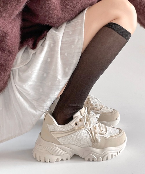 Shoes in Closet（シューズインクローゼット）の「軽量厚底 ボリューム クリア パール レース スニーカー 6478（スニーカー・レディース・ホワイト/ベージュ/ブラック・S/M/L/LL）」の14枚目の写真