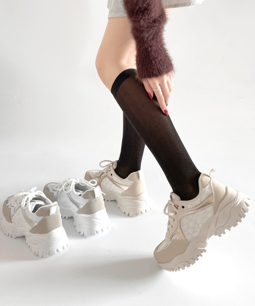 Shoes in Closet（シューズインクローゼット）の「軽量厚底 ボリューム クリア パール レース スニーカー 6478（スニーカー・レディース・ホワイト/ベージュ/ブラック・S/M/L/LL）」の22枚目の写真