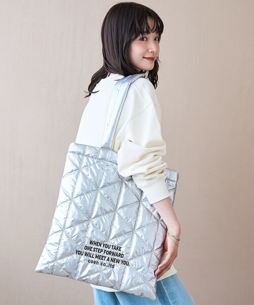coen(コーエン)の「ロゴ刺繍 幾何柄 キルトトートバッグ【インフルエンサー紹介アイテム】(トートバッグ・レディース・シルバー/ブラック/ライトブルー/その他6/ホワイト/ピンク/ライム・FREE)」の8枚目の写真