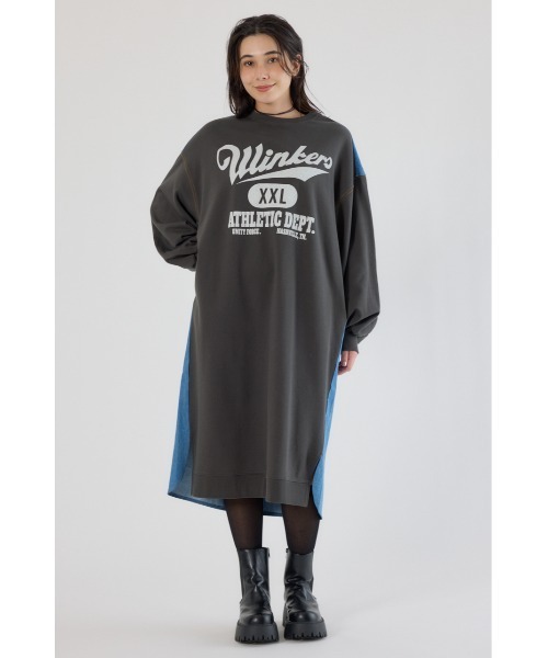 RODEO CROWNS WIDE BOWL(ロデオクラウンズワイドボウル)の「デニム切替スウェットワンピース(ワンピース・レディース・グレー×ホワイト/チャコールグレー・FREE)」の4枚目の写真