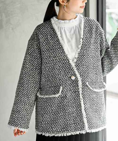 rps(アールピーエス)の「ツイードノーカラージャケット(ノーカラージャケット・レディース・ブラック系その他2/ブラック/オフホワイト・フリー)」の1枚目の写真