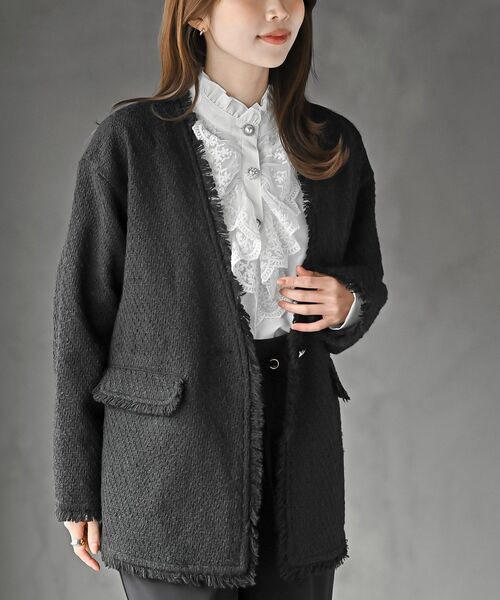 rps(アールピーエス)の「ツイードノーカラージャケット(ノーカラージャケット・レディース・ブラック系その他2/ブラック/オフホワイト・フリー)」の3枚目の写真