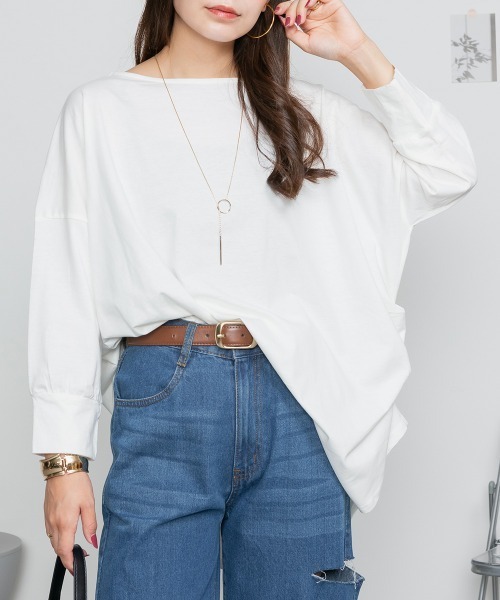 aity(アイティ)の「M-5L アシメトリー裾タックロングスリーブTシャツ 夏服(Tシャツ/カットソー・レディース・カーキ/ブラック/ベージュ/ホワイト・LL~3L/M~L/4L~5L)」の1枚目の写真