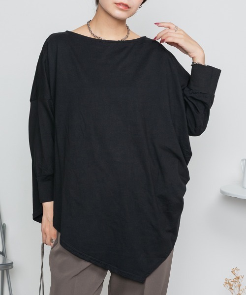 aity(アイティ)の「M-5L アシメトリー裾タックロングスリーブTシャツ 夏服(Tシャツ/カットソー・レディース・カーキ/ブラック/ベージュ/ホワイト・LL~3L/M~L/4L~5L)」の2枚目の写真
