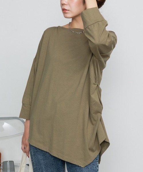 aity(アイティ)の「M-5L アシメトリー裾タックロングスリーブTシャツ 夏服(Tシャツ/カットソー・レディース・カーキ/ブラック/ベージュ/ホワイト・LL~3L/M~L/4L~5L)」の20枚目の写真