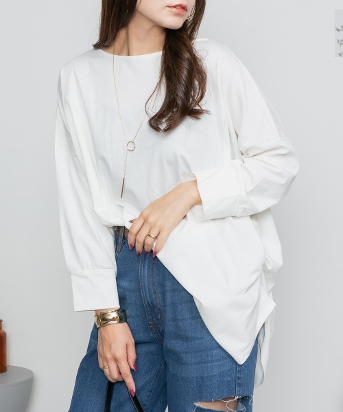 aity(アイティ)の「M-5L アシメトリー裾タックロングスリーブTシャツ 夏服(Tシャツ/カットソー・レディース・カーキ/ブラック/ベージュ/ホワイト・LL~3L/M~L/4L~5L)」の7枚目の写真