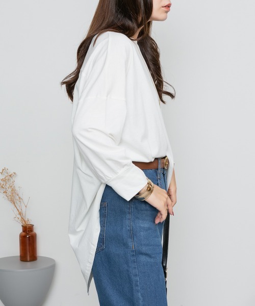 aity(アイティ)の「M-5L アシメトリー裾タックロングスリーブTシャツ 夏服(Tシャツ/カットソー・レディース・カーキ/ブラック/ベージュ/ホワイト・LL~3L/M~L/4L~5L)」の8枚目の写真