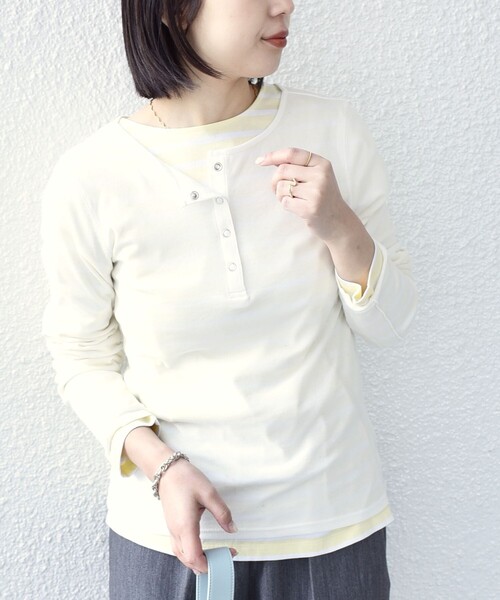 SHIPS Colors(シップス カラーズ)の「SHIPS Colors:〈手洗い可能〉シアー ドライタッチ ヘンリーネック TEE◇(Tシャツ/カットソー・レディース・クリーム/ダークグレー/ネイビー/ホワイト/ピンク・ONE SIZE)」の15枚目の写真