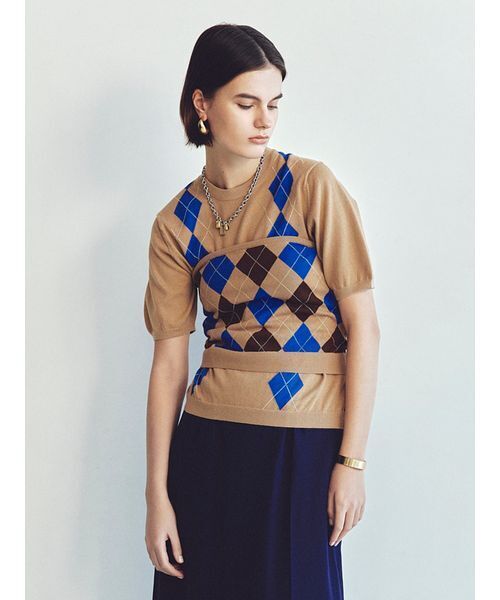 Mila Owen（ミラオーウェン）の「アーガイルニットチューブトップ（チューブトップ・レディース・ネイビー/ベージュ・F）」の3枚目の写真