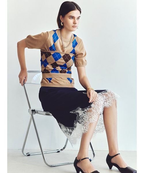 Mila Owen（ミラオーウェン）の「アーガイルニットチューブトップ（チューブトップ・レディース・ネイビー/ベージュ・F）」の4枚目の写真