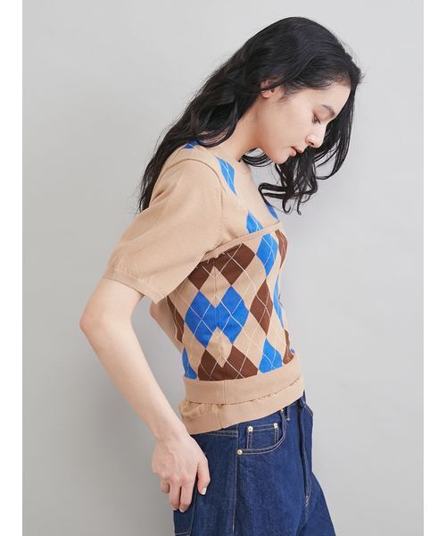 Mila Owen（ミラオーウェン）の「アーガイルニットチューブトップ（チューブトップ・レディース・ネイビー/ベージュ・F）」の6枚目の写真
