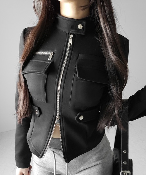 me+em select(ミームセレクト)の「【 2color 】アウトポケットジップアップスリムカットジャケット / out pocket zip up slim cut jacket(その他トップス・レディース・ブラック/ホワイト・FREE)」の1枚目の写真