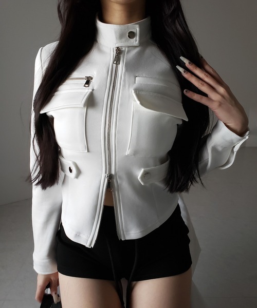 me+em select(ミームセレクト)の「【 2color 】アウトポケットジップアップスリムカットジャケット / out pocket zip up slim cut jacket(その他トップス・レディース・ブラック/ホワイト・FREE)」の3枚目の写真