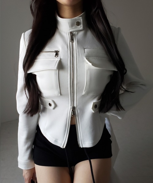 me+em select(ミームセレクト)の「【 2color 】アウトポケットジップアップスリムカットジャケット / out pocket zip up slim cut jacket(その他トップス・レディース・ブラック/ホワイト・FREE)」の4枚目の写真