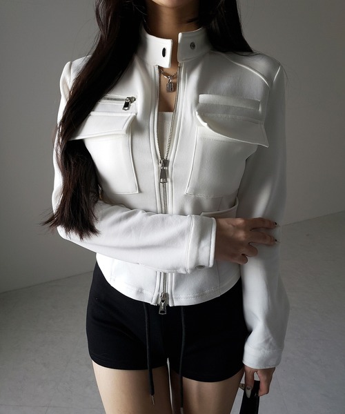 me+em select(ミームセレクト)の「【 2color 】アウトポケットジップアップスリムカットジャケット / out pocket zip up slim cut jacket(その他トップス・レディース・ブラック/ホワイト・FREE)」の9枚目の写真