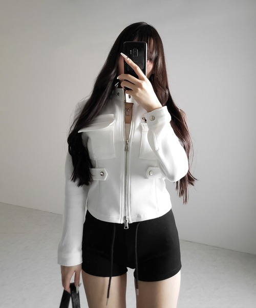 me+em select(ミームセレクト)の「【 2color 】アウトポケットジップアップスリムカットジャケット / out pocket zip up slim cut jacket(その他トップス・レディース・ブラック/ホワイト・FREE)」の13枚目の写真