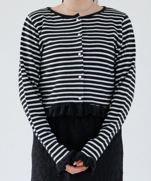 flower（フラワー）の「チャーミーボーダートップ（カーディガン/ボレロ・レディース・ベージュ/ブラック・FREE）」の2枚目の写真