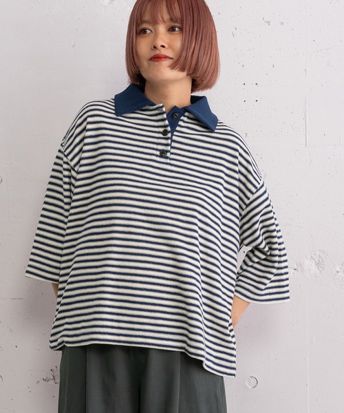 POU DOU DOU(プードゥドゥ)の「パイルボーダーラガートップス(Tシャツ/カットソー・レディース・ブラウン/ネイビー・3)」の1枚目の写真