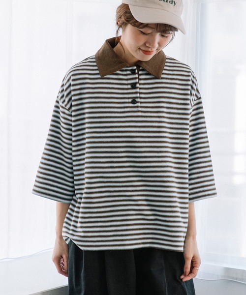 POU DOU DOU(プードゥドゥ)の「パイルボーダーラガートップス(Tシャツ/カットソー・レディース・ブラウン/ネイビー・3)」の2枚目の写真