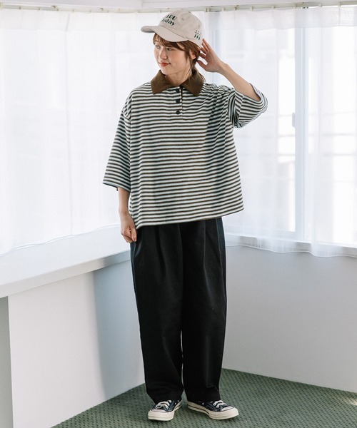 POU DOU DOU(プードゥドゥ)の「パイルボーダーラガートップス(Tシャツ/カットソー・レディース・ブラウン/ネイビー・3)」の16枚目の写真