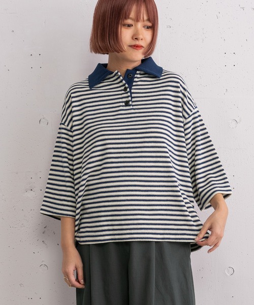 POU DOU DOU(プードゥドゥ)の「パイルボーダーラガートップス(Tシャツ/カットソー・レディース・ブラウン/ネイビー・3)」の3枚目の写真