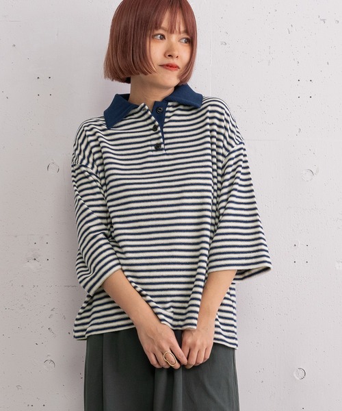 POU DOU DOU(プードゥドゥ)の「パイルボーダーラガートップス(Tシャツ/カットソー・レディース・ブラウン/ネイビー・3)」の4枚目の写真