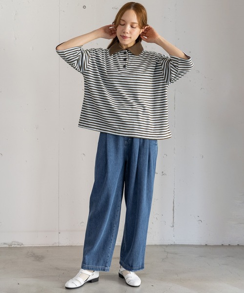 POU DOU DOU(プードゥドゥ)の「パイルボーダーラガートップス(Tシャツ/カットソー・レディース・ブラウン/ネイビー・3)」の9枚目の写真