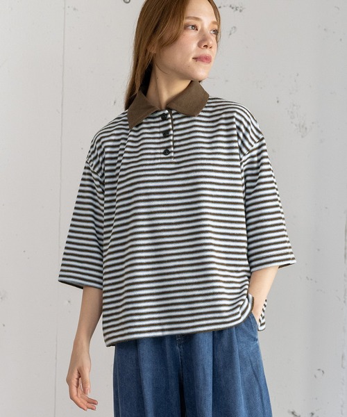 POU DOU DOU(プードゥドゥ)の「パイルボーダーラガートップス(Tシャツ/カットソー・レディース・ブラウン/ネイビー・3)」の11枚目の写真