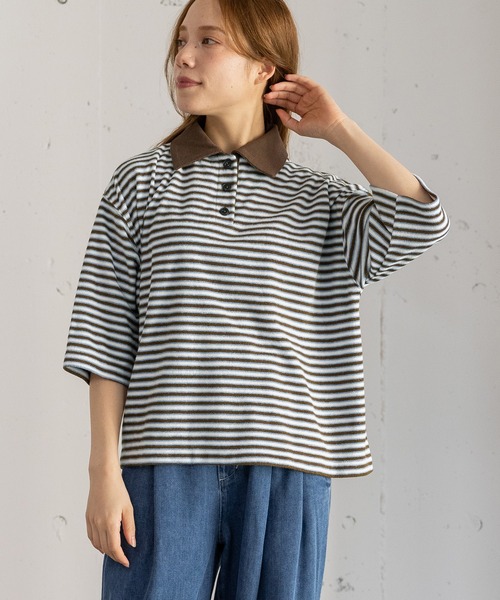POU DOU DOU(プードゥドゥ)の「パイルボーダーラガートップス(Tシャツ/カットソー・レディース・ブラウン/ネイビー・3)」の12枚目の写真