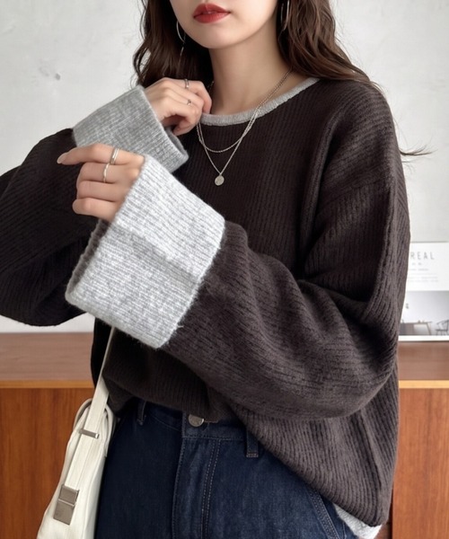 Eclat one(エクラワン)の「【Eclat one】 バイカラー ニット プルオーバー(ニット/セーター・レディース・チャコール/ブラウン/アイボリー・FREE)」の3枚目の写真