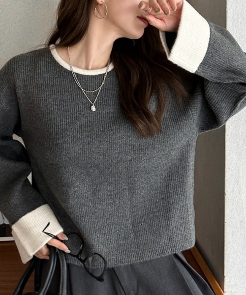 Eclat one(エクラワン)の「【Eclat one】 バイカラー ニット プルオーバー(ニット/セーター・レディース・チャコール/ブラウン/アイボリー・FREE)」の2枚目の写真