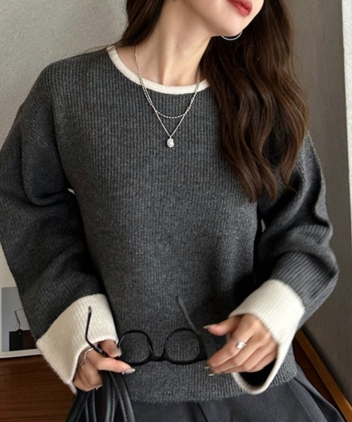 Eclat one(エクラワン)の「【Eclat one】 バイカラー ニット プルオーバー(ニット/セーター・レディース・チャコール/ブラウン/アイボリー・FREE)」の6枚目の写真