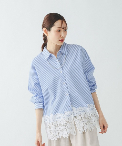 GLOBAL WORK（グローバルワーク）の「切り替えレースシャツ/637916（シャツ/ブラウス・レディース・ホワイト/ライトブルー・SHORT/REGULAR）」の11枚目の写真
