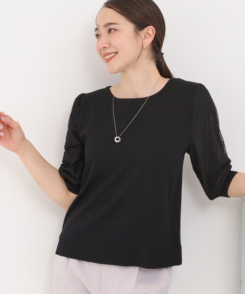 SHOO・LA・RUE（シューラルー）の「【洗濯機可/S-LL】華やかレース5分袖ニット（ニット/セーター・レディース・サックスブルー/ブラック/アイボリー・03/02/01/04）」の2枚目の写真