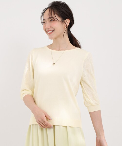 SHOO・LA・RUE（シューラルー）の「【洗濯機可/S-LL】華やかレース5分袖ニット（ニット/セーター・レディース・サックスブルー/ブラック/アイボリー・03/02/01/04）」の4枚目の写真