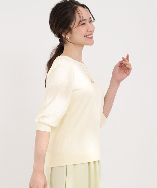SHOO・LA・RUE（シューラルー）の「【洗濯機可/S-LL】華やかレース5分袖ニット（ニット/セーター・レディース・サックスブルー/ブラック/アイボリー・03/02/01/04）」の5枚目の写真