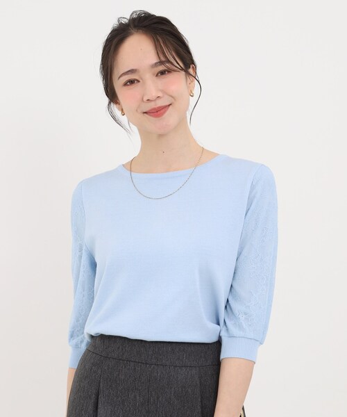 SHOO・LA・RUE（シューラルー）の「【洗濯機可/S-LL】華やかレース5分袖ニット（ニット/セーター・レディース・サックスブルー/ブラック/アイボリー・03/02/01/04）」の12枚目の写真