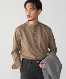 SHIPS: ウォッシュド リネン バンドカラー ソリッド シャツ