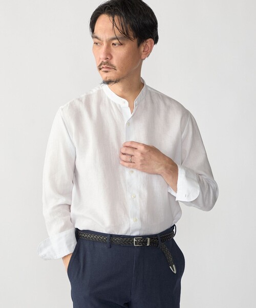 SHIPS: ウォッシュド リネン バンドカラー ソリッド シャツ（シャツ