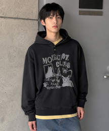 テリー裏起毛ピグメントミステリーキャットオーバーサイズフードブラック