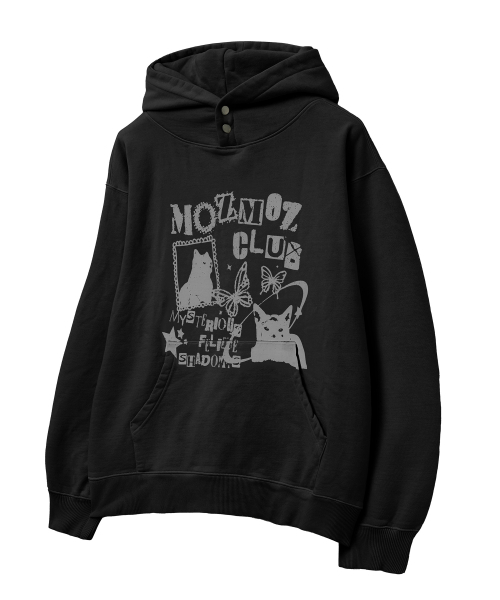 MOZMOZ(モズモズ)の「テリー裏起毛ピグメントミステリーキャットオーバーサイズフードブラック(パーカー・レディース・その他・1/2/3)」の5枚目の写真