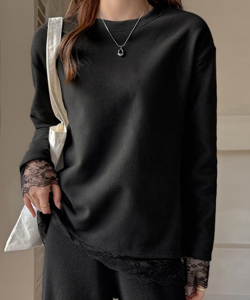 Lace Ladies（レースレディース）の「配レース 裏起毛 クルーネック 長袖 プルオーバー（Tシャツ/カットソー・レディース・ホワイト/ブラック・M/XL）」の2枚目の写真