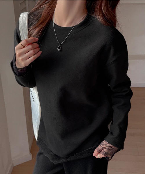 Lace Ladies（レースレディース）の「配レース 裏起毛 クルーネック 長袖 プルオーバー（Tシャツ/カットソー・レディース・ホワイト/ブラック・M/XL）」の7枚目の写真