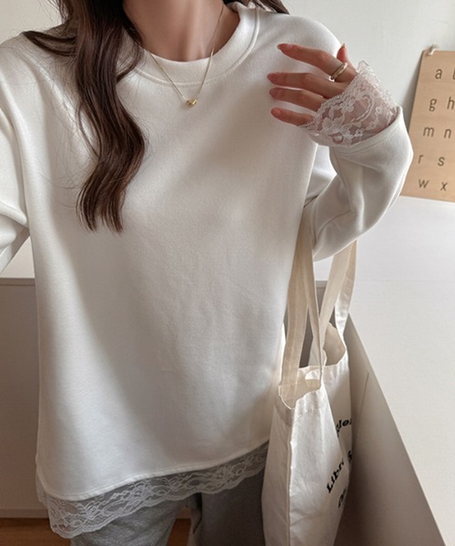Lace Ladies（レースレディース）の「配レース 裏起毛 クルーネック 長袖 プルオーバー（Tシャツ/カットソー・レディース・ホワイト/ブラック・M/XL）」の10枚目の写真